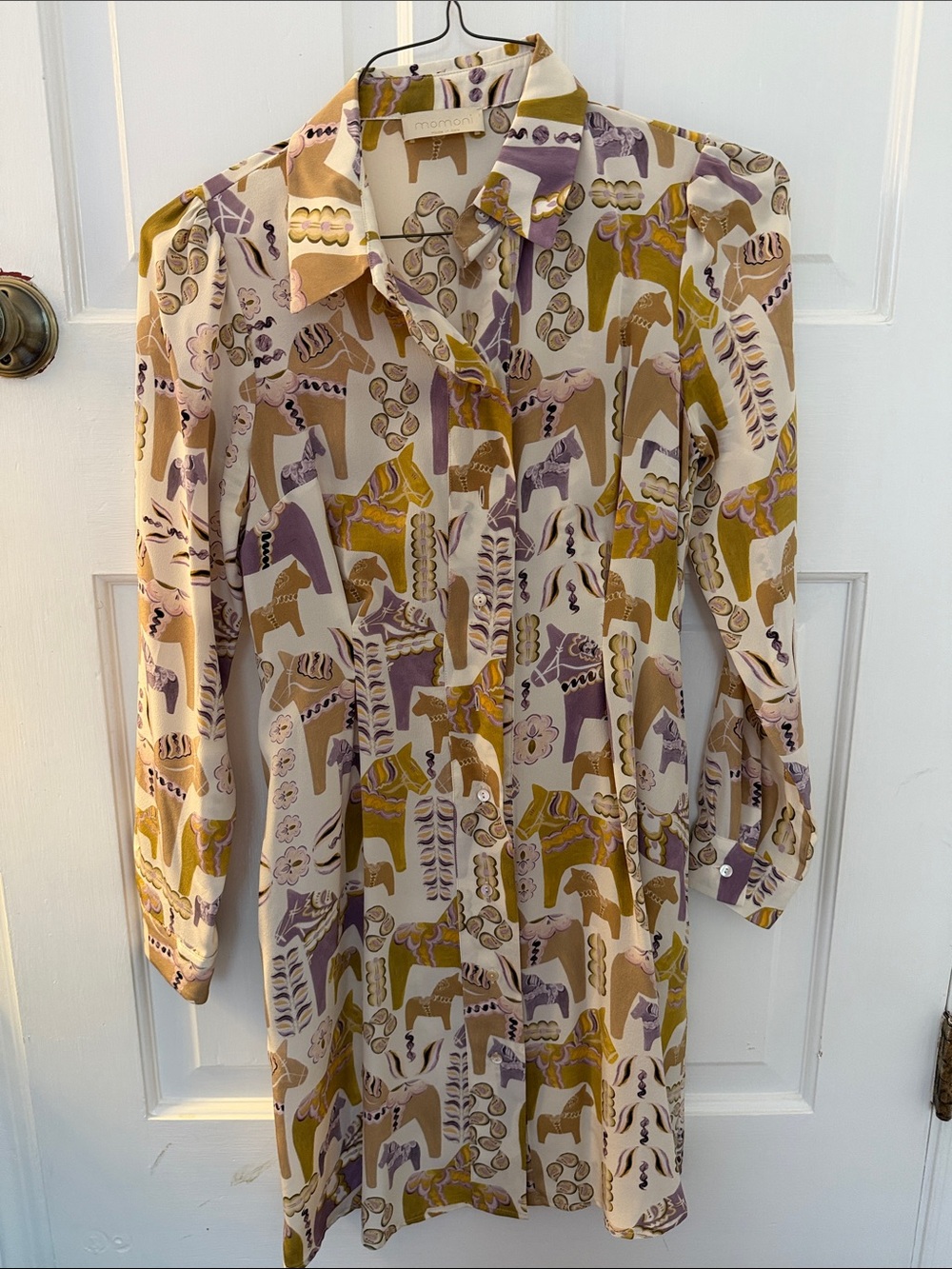 Long-Sleeve Printed Shirt Dress in Cream with Lavender & Mustard Accents